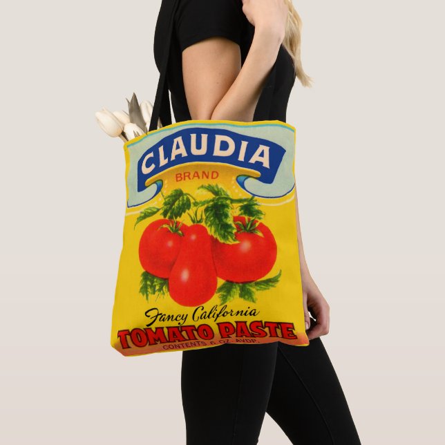1930-talets Claudia Tomato-pastaetikett Tygkasse (Närbild)