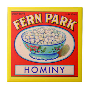 1930-talets etikett för "Fern Park hominy grits" Kakelplatta