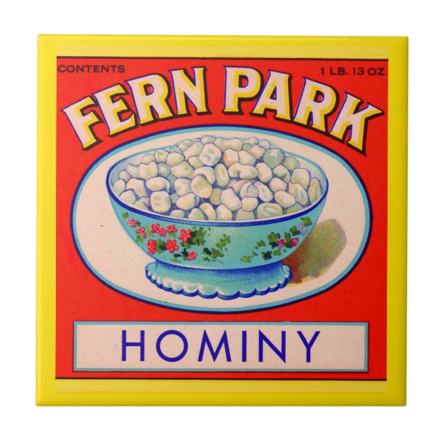 1930-talets etikett för "Fern Park hominy grits" Kakelplatta (Framsidan)