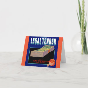 1930-talets etikett för Legal Tender orange låda Anteckningskort