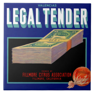 1930-talets etikett för Legal Tender orange låda Kakelplatta