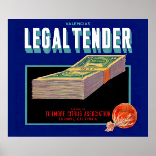 1930-talets etikett för Legal Tender orange låda Poster