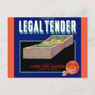 1930-talets etikett för Legal Tender orange låda Vykort