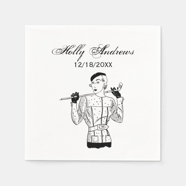 1930-talets Fashionable Dam Golfer med Golf Klubb Pappersservett (Framsidan)