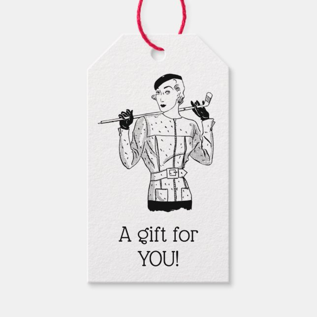 1930-talets Fashionable Dam Golfer med Golf Klubb Presentetikett (Framsidan)