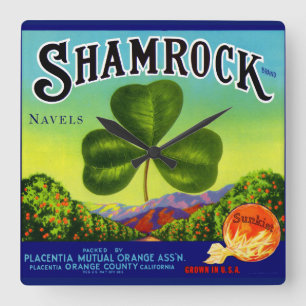 1930-talets frukt-låda-etikett Shamrock Navel-Oran Fyrkantig Klocka