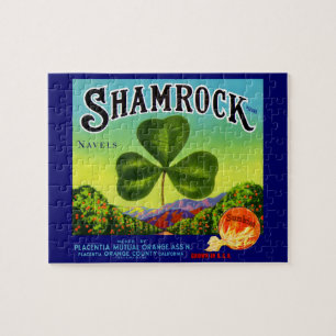 1930-talets frukt-låda-etikett Shamrock Navel-Oran Pussel