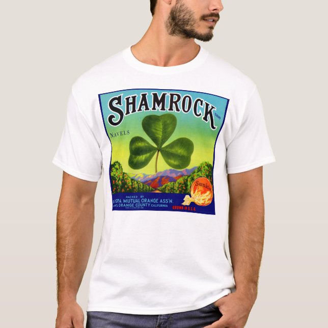 1930-talets frukt-låda-etikett Shamrock Navel-Oran T Shirt (Framsida)