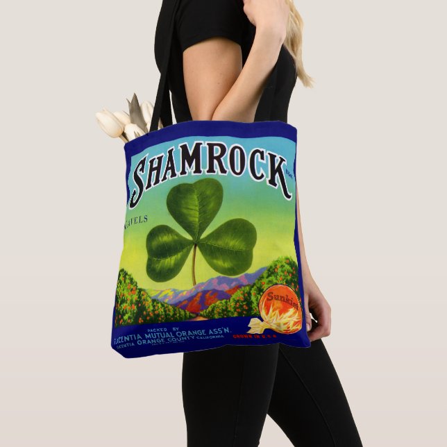 1930-talets frukt-låda-etikett Shamrock Navel-Oran Tygkasse (Närbild)
