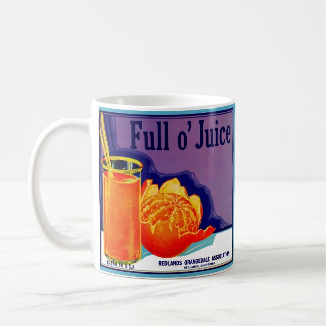 1930-talets Fullt o’ Juice orange låda-etikett Kaffemugg (Vänster)