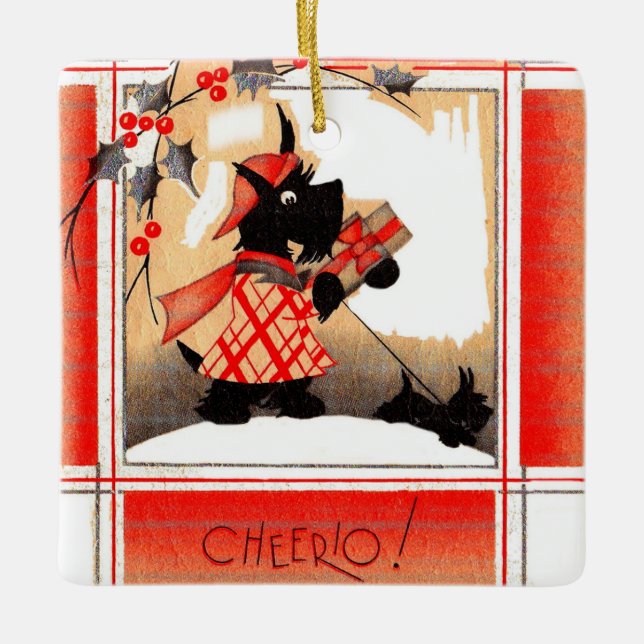1930-talets jul: Scottie hund säger "Cheerio" Julgransprydnad Keramik (Framsida)