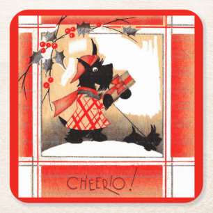 1930-talets jul: Scottie hund säger "Cheerio" Underlägg Papper Kvadrat