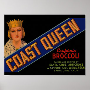 1930-talets Kusten Queen broccoli låda-etikett Poster