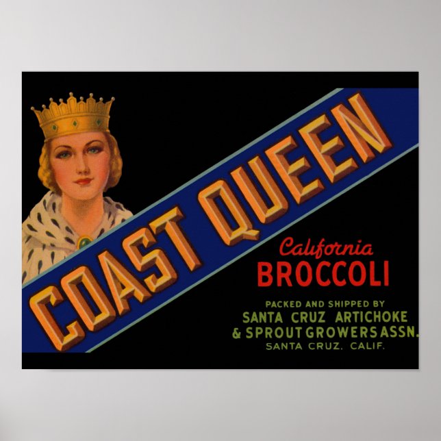 1930-talets Kusten Queen broccoli låda-etikett Poster (Framsidan)