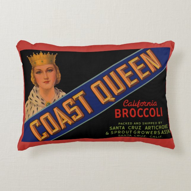 1930-talets Kusten Queen broccoli låda-etikett Prydnadskudde (Framsidan)