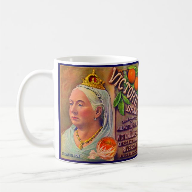 1930-talets låda-etikett Victoria-orangar Kaffemugg (Vänster)