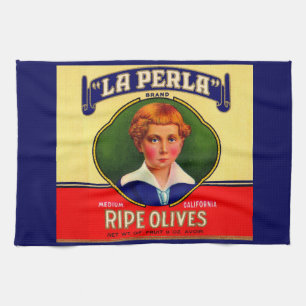 1930-talets LaPerla Olife-etikettutskrift Kökshandduk