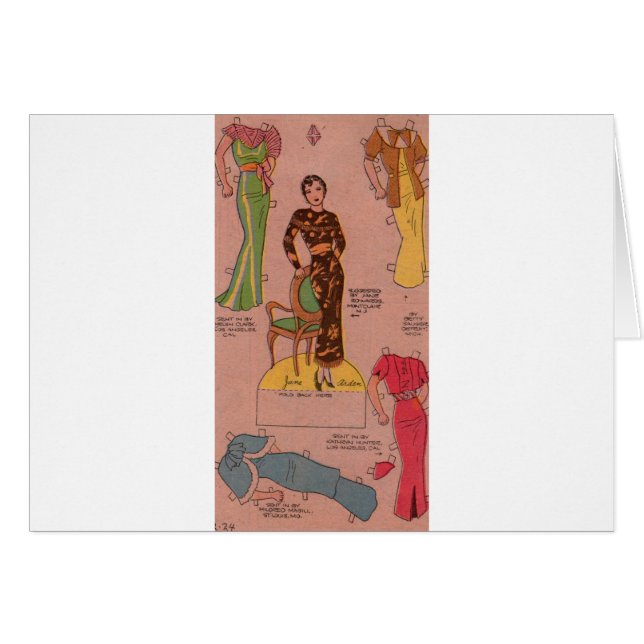 1930-talets pappersdocka vackra klänningar hälsningskort (Framsidan Horizontal)
