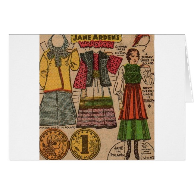1930-talets pappra docka Polska kläder Hälsningskort (Framsidan Horizontal)