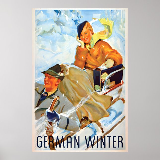 1930-talets resaffisch tysk vinter skidflygning poster (Framsidan)