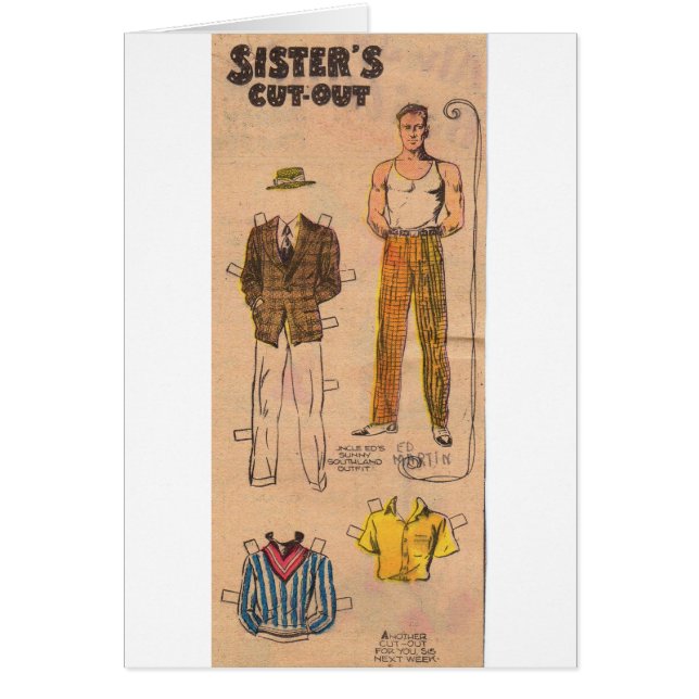 1930-talets systers utklippsdocka för män hälsningskort (Framsidan)