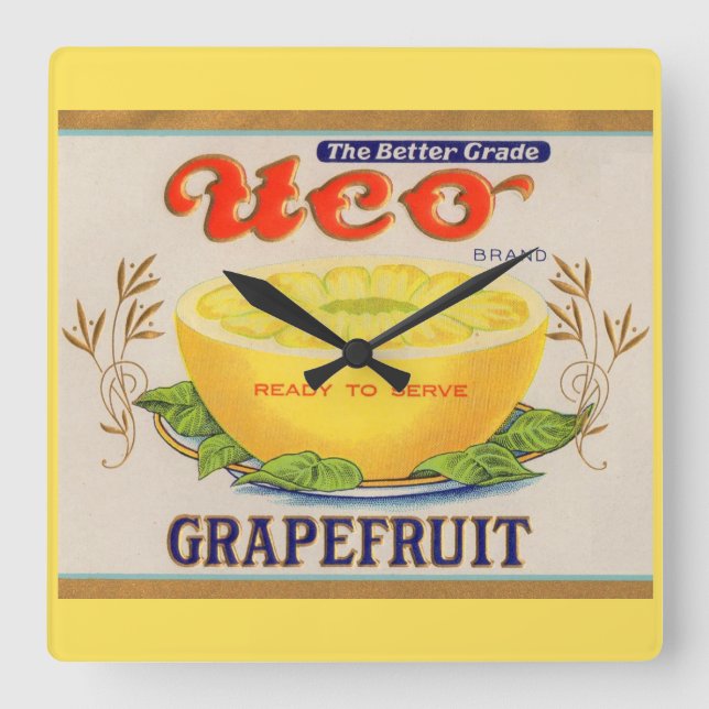 1930-talets Uco Brand Grapefruit-etikett Fyrkantig Klocka (Framsida)