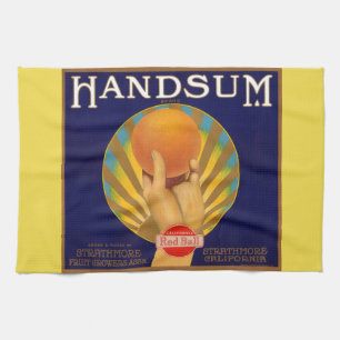 1930-talsetikett för låda i orange Handsum-utskrif Kökshandduk