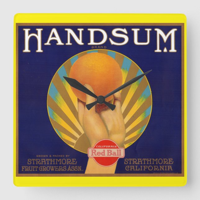 1930-talsetikett låda för orange fyrkantig klocka (Framsida)