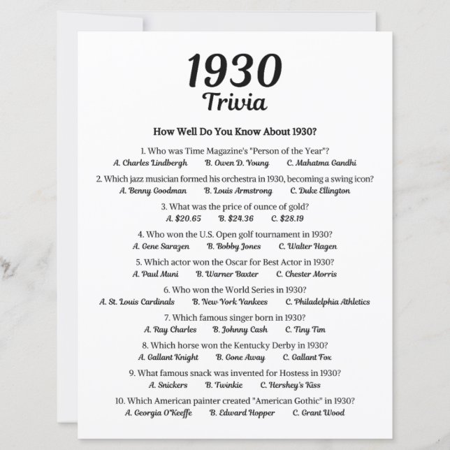 1930 Trivia-spel | 95:e Födelsedagsfestens spel (Framsida)