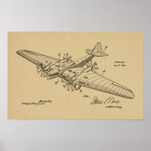 1930-Vintagars Teckning-utskrift för flygplanspate Poster