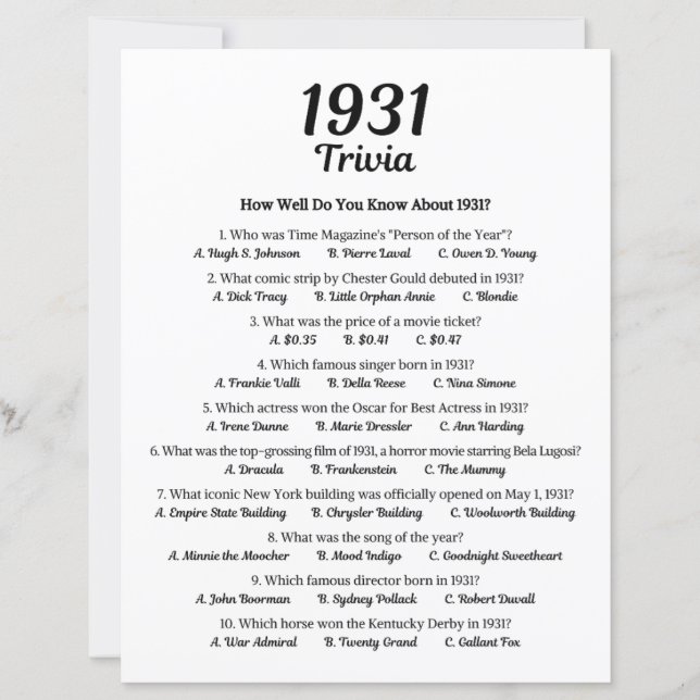 1931 Trivia-spel | 94:e Födelsedagsfestens spel (Framsida)