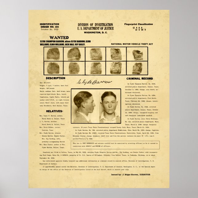 1933 CLYDE BARROW TILLSATTA LAGAR LAKAN POSTER (Framsidan)