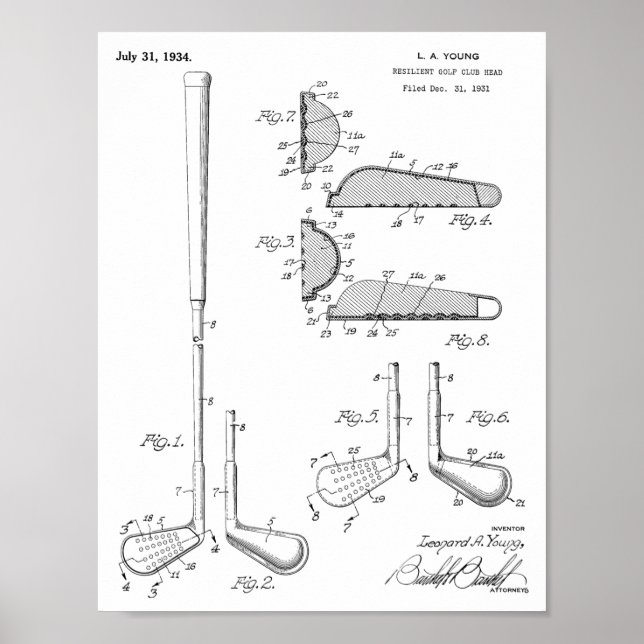 1934 Golf Klubb Head Patent Art Teckning Print Poster (Framsidan)