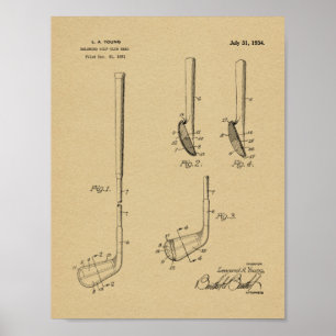 1934 Golf Klubb Head Patent Art Teckning Print Poster
