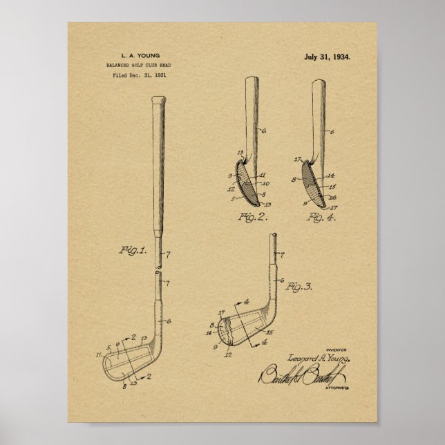 1934 Golf Klubb Head Patent Art Teckning Print Poster (Framsidan)