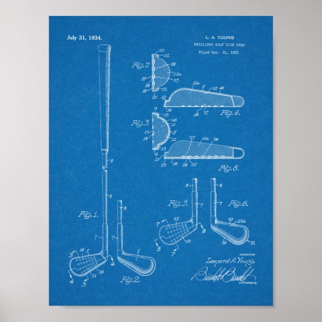 1934 Golf Klubb Head Patent Art Teckning Print Poster (Framsidan)