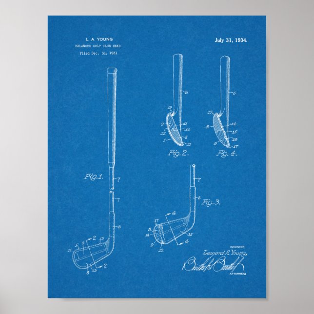 1934 Golf Klubb Head Patent Art Teckning Print Poster (Framsidan)