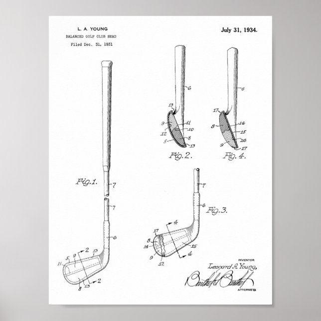 1934 Golf Klubb Head Patent Art Teckning Print Poster (Framsidan)