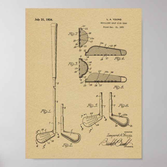 1934 Golf Klubb Head Patent Art Teckning Print Poster (Framsidan)