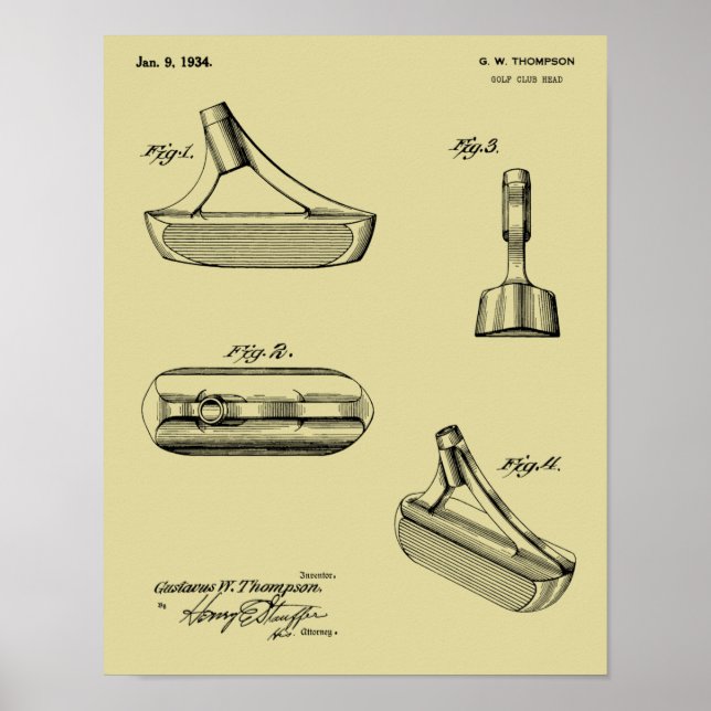 1934 Putter Golf Klubb Patent Art Teckning Skriv u Poster (Framsidan)