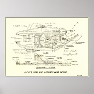 1935 HOOVER DAM-PLAN OCH AVSNITT POSTER