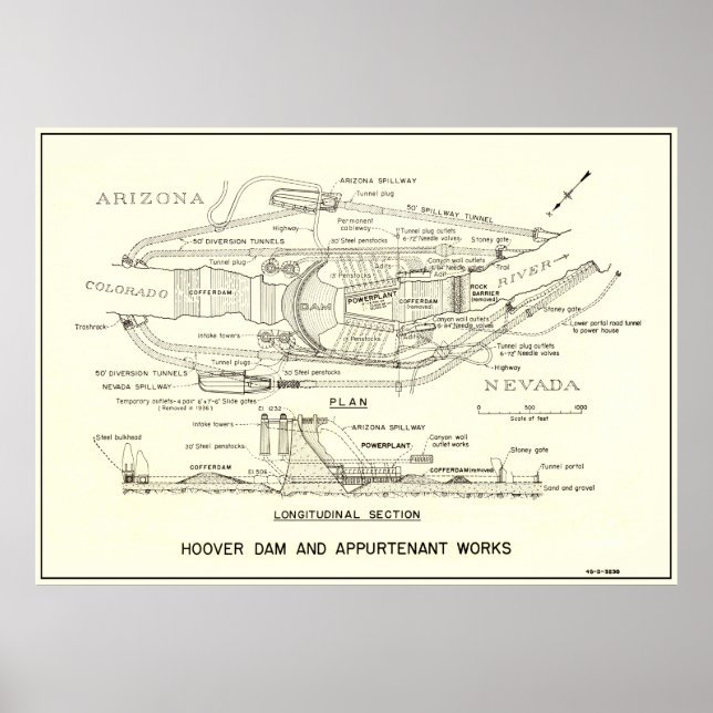 1935 HOOVER DAM-PLAN OCH AVSNITT POSTER (Framsidan)