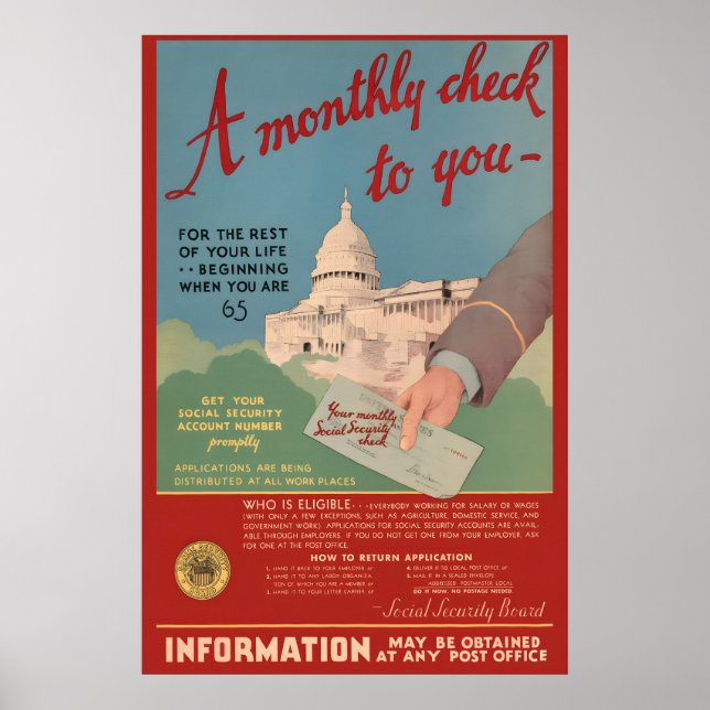 1935 Social Security - Månatlig check - Vintage Poster (Framsidan)