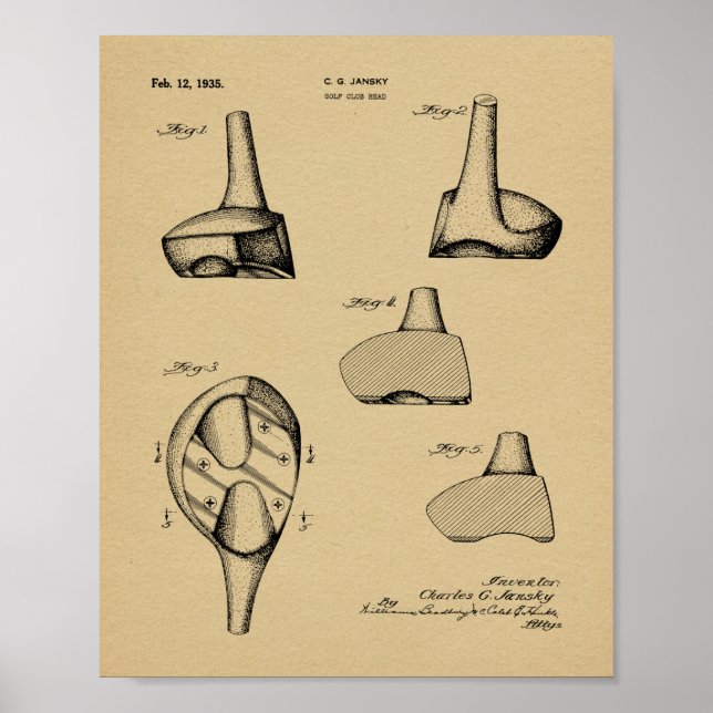 1935 Teckning-utskrift av Golf-Klubb-patent Poster (Framsidan)