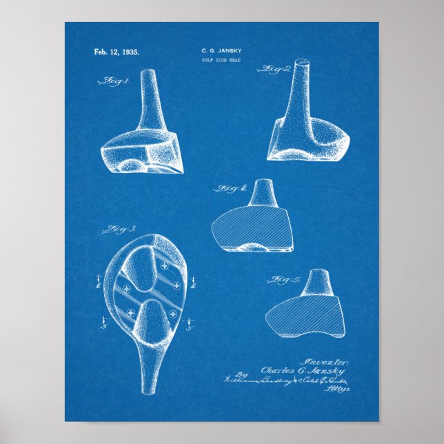 1935 Teckning-utskrift av Golf-Klubb-patent Poster (Framsidan)