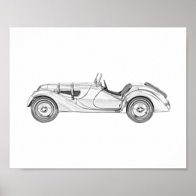 1936 BMW 328 Roadster Black and White Pencil Art Poster (Framsidan)
