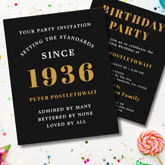 1936 Budget 90-årsfirande Inbjudan Svart Guld Flygblad (1936 birthday invitation budget flyer. White background.)