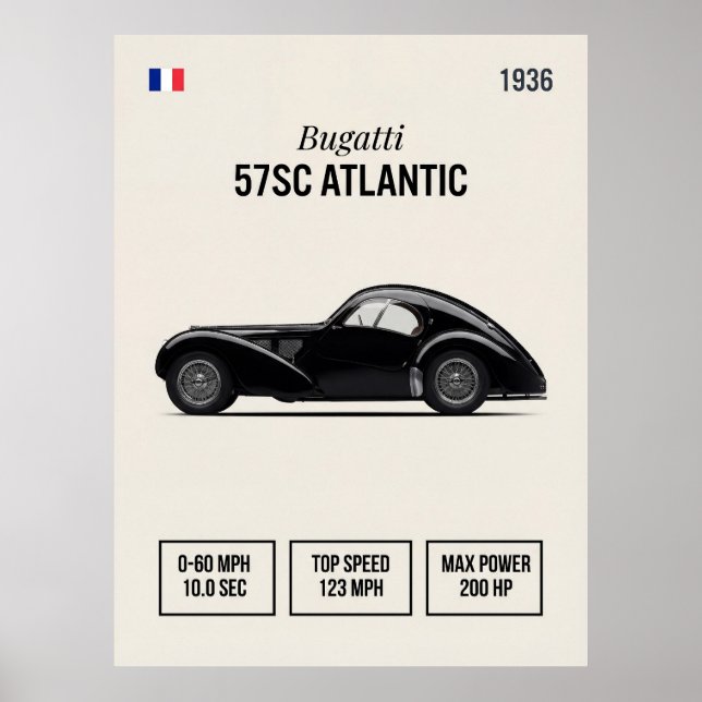 1936 Bugatti 57SC Atlantic Veteranbil Poster (Framsidan)