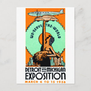 1936 Detroit + Michigan Expo Poster Vykort