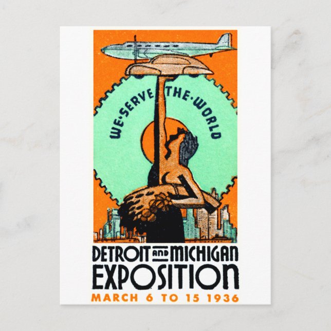 1936 Detroit + Michigan Expo Poster Vykort (Framsida)